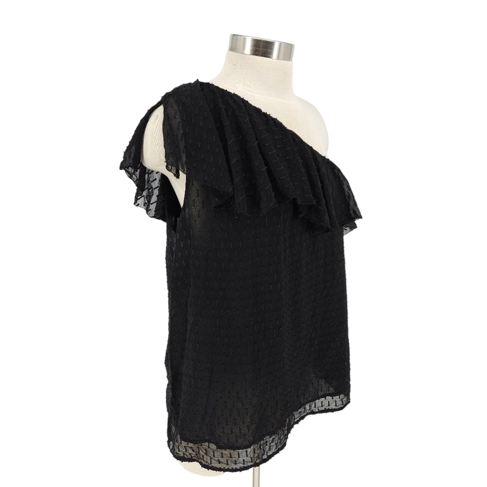 Paige Shandi Blouse Silk Black Ruffle Flutter One Shoulder Lined Top Large - Picture 3 of 10